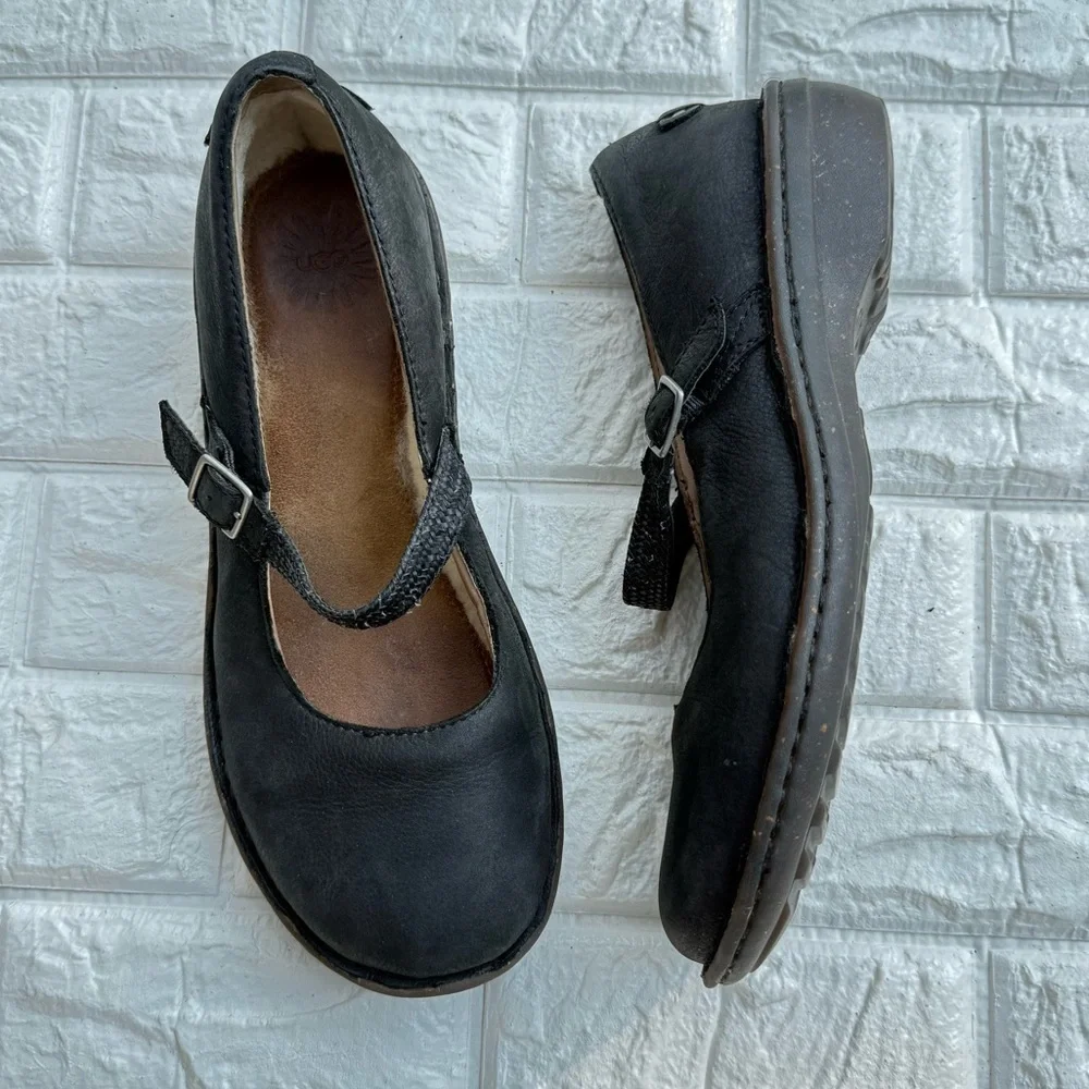 UGG Kandace Nubuck Leather Wool Sherpa Mary Jane Buckle Shoes Black about Sz 10